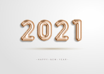 Realistic 2021 gold rose foil balloon flying in the air isolated on white background. Concept design for christmas and new year decorate element or banner, poster, greeting card in illustration