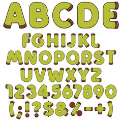 Alphabet, letters, numbers and signs of green punschrulle, dammsugare. Isolated vector objects on a white background.