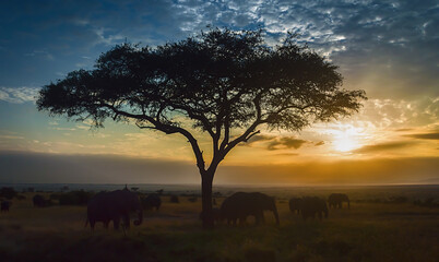 A Herd Of Elephants On The Move At Sunrise