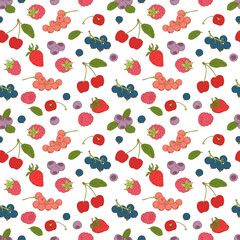 Outline hand drawn color seamless berry pattern (flat style, thin line)