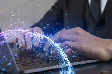 Businessman search for tech solutions options, typing laptop background and abstract technology hologram.