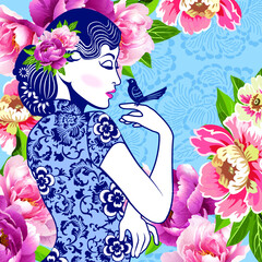 Vector Blue and White Chinese Lady and bird in Retro Style on floral background.