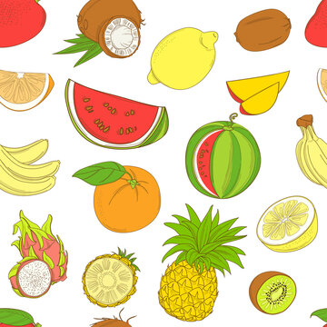 Outline hand drawn seamless colorfull fruit pattern (flat style, thin line). Mango, coconut, lemon, kiwi, orange, watermelon, banana, dragonfruit, pineapple.