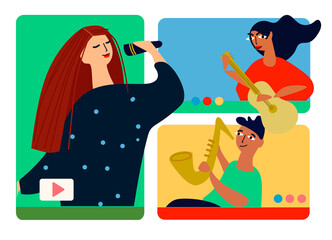 Musical band making online performance using video conferencing platform. Home concert online. Video conferencing software ad. Social distancing concept. Vector illustration in flat style