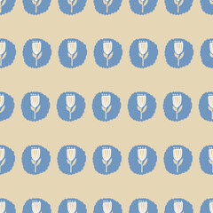 girly blue and tan vintage Retro floral pattern with beige tan background. Elements are tulips in circles.