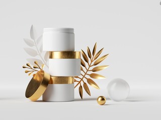 3d render. White cream jars with golden caps and decorative paper tropical palm leaves. Beauty product showcase. Stack of cosmetic bottles blank mockup, modern minimal clean style.
