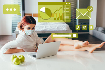 barefoot freelancer in medical mask working on laptop at home with apples on self isolation with business graphics