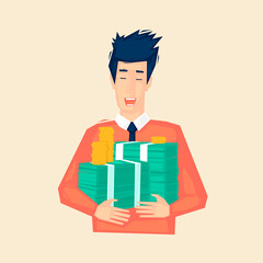 Successful businessman holds a lot of money. Flat illustration in cartoon style. Vector.