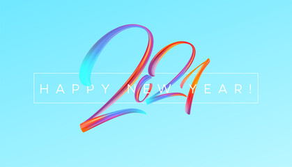 Colorful Brushstroke paint lettering calligraphy of 2021 Happy New Year background. Vector illustration