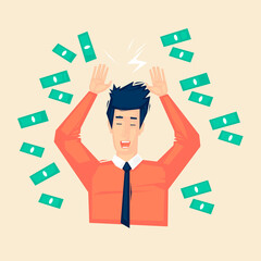 Successful man with a bunch of money. Business. Flat illustration in cartoon style. Vector.