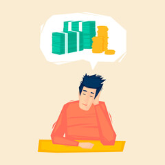 Man dreams of a lot of money.  Flat illustration in cartoon style. Vector.