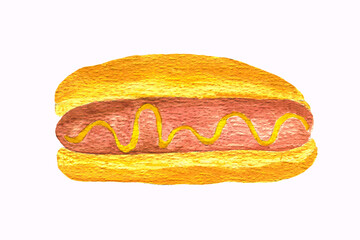 Watercolor illustration of a hot dog on a white background Watercolor ruddy bun with sausage and mustard. On paper with a well-defined texture. National Hot Dog Day.