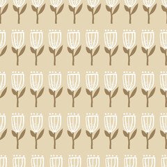 girly tan vintage Retro floral pattern with beige tan background. Elements are tulips in circles.