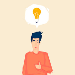There is an idea, a man is satisfied. Flat illustration in cartoon style. Vector.