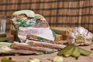 snacks on the table. bread, lard, cucumbers
