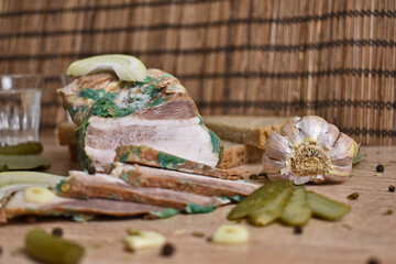 snacks on the table. bread, lard, cucumbers