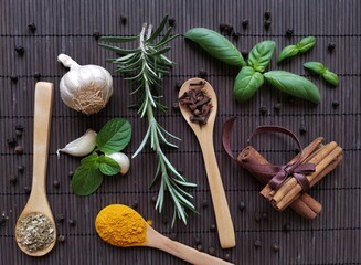 Herbs and spices rich in antioxidant. Various herbs and spices as natural sources of health. Dried...