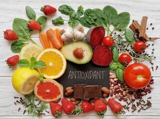 Healthy foods rich in antioxidants. Fresh fruit and vegetable, set of various spices and herbs high in antioxidants. Natural sources of antioxidants.