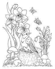Illustration, a bird sits on a stump among flowers and mushrooms. Coloring book. Antistress for adults and children. The work was done in manual mode. Black and white. © Маргарита Врублевска