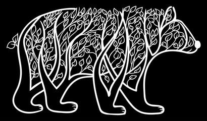 Fototapeta premium Illustration. Silhouette of a bear from trees on a black background. Coloring book. Antistress for adults and children. The work was done in manual mode. Black and white.