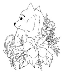 Illustration. Portrait of a puppy in a lily flowers. Coloring book. Antistress for adults and children. The work was done in manual mode. Black and white.