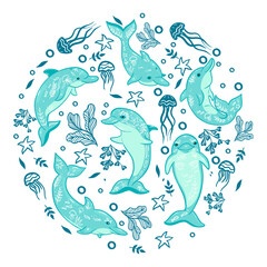 Set of dolphins and marine elements isolated on a white background. Vector graphics.