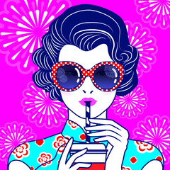 Vector of Retro Chinese Lady Drink with a straw on fireworks pattern background.