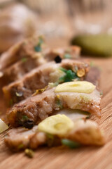 snacks on the table. bread, lard, cucumbers
