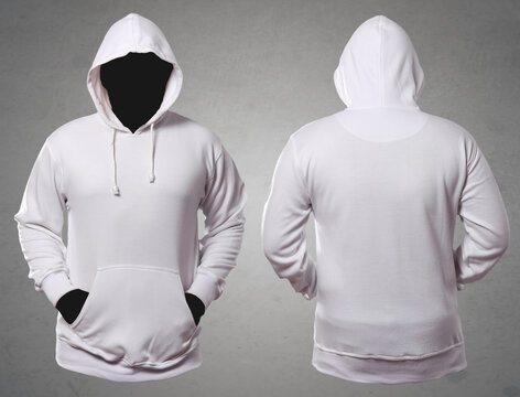 Set of stylish white hoodie sweater with anonymous black manequin on grey background, front and back view. Copy space mock up template