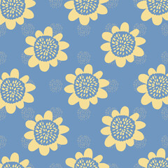 cute 60s vintage Retro floral with big yellow simple flowers. pattern with blue background. 