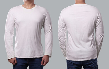 Anonymous male model wear white long sleeve t-shirt isolated on grey background, front and back design for mock up template copy space