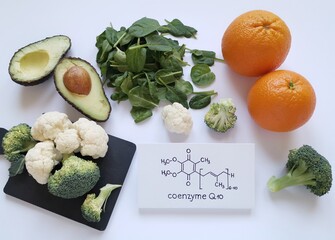 Healthy food sources of CoQ10 with structural chemical formula of Coenzyme Q10. Antioxidant...