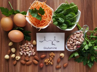 Fototapeta premium Food rich in glutamine with structural chemical formula of glutamine molecule. Food for training and exercise: spinach, eggs, parsley, carrot, beans, almond, walnut. Bodybuilding, sport nutrition.
