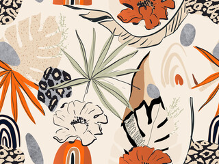 Hand drawn abstract jungle pattern with leopard print. Creative collage contemporary seamless pattern. Natural colors. Fashionable template for design. © MURRIRA