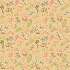 Seamless background pattern of organic farm fresh fruits and vegetables