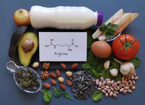 Foods rich in arginine with structural chemical formula of arginine. Arginine high foods: milk, avocado, turkey breast, nuts, beans, pumpkin seed, spinach, tomato, egg. Food for training and exercise