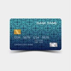 Credit card. With blue elements desing. And inspiration from abstract. On white background. Glossy plastic style. 