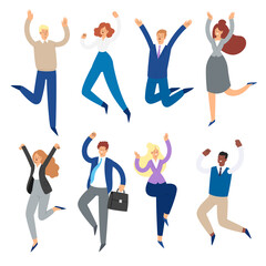 Set of business people jumping with raised hands in various poses. Happy office people cartoon characters. Office team, mix race collective workers, entrepreneurs. Success, winner, leadership concept