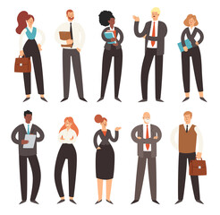 Set of business people. Businessmen and businesswomen cartoon characters. Office team, multicultural collective workers, entrepreneurs. Men and women in suits standing together. Vector illustration