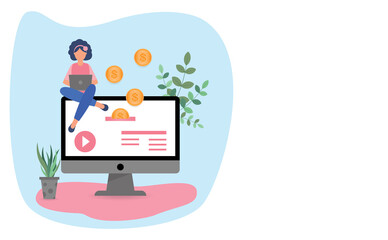 Online income, Vector illustration of Happy woman on Realistic computer monitor with using laptop computer and coins money, Earning or making money concept