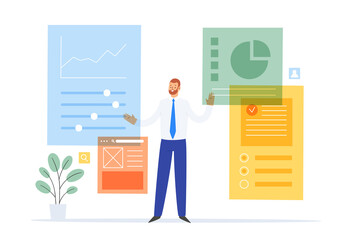 Business people vector illustration concept of brainstorming, generation of ideas, research and development department. For web banner, marketing material, business presentation, online advertising