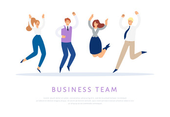 Set of business people jumping with raised hands in various poses. Happy office people cartoon characters. Office team, mix race collective workers, entrepreneurs. Success, winner, leadership concept