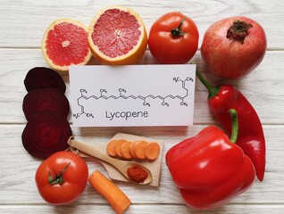 Foods rich in lycopene with structural chemical formula of lycopene molecule. Natural sources of lycopene: tomato, grapefruit, pomegranate, red bell pepper, beetroot, chili powder and carrot.