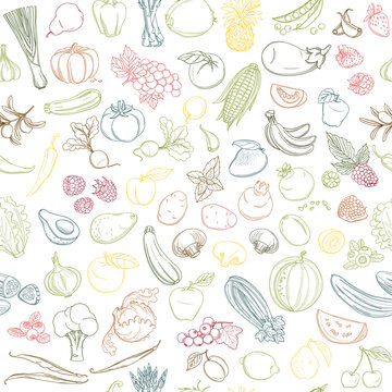 Seamless background pattern of organic farm fresh fruits and vegetables