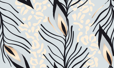 Exotic pattern with leopard skin and peacock feather. Creative contemporary seamless pattern. Fashionable template for design.
