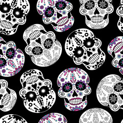 Seamless background of sugar skulls. Day of all the dead. Flower skulls. Vector illustration isolated for design and web.
