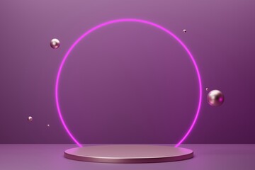 Pink metallic podium for cosmetics with neon frame and spheres. Front view. 3d Rendering.