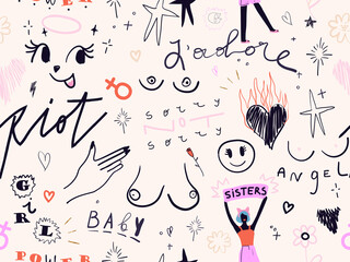 Trendy vector seamless pattern with hand-lettering phrases and feminist illustrations. "riot","angel","sorry not sorry", "j`adore", "girl power", "baby".