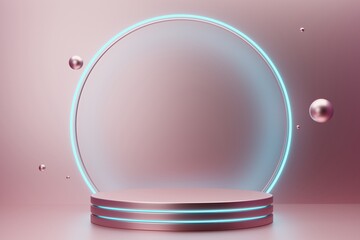 Pink metallic podium for cosmetics with blue neon frame and spheres. Front view. 3d Rendering.
