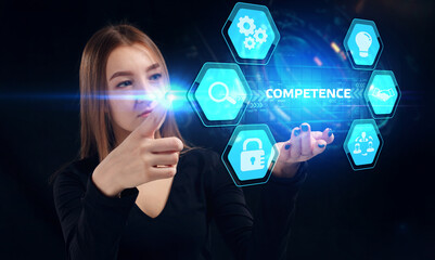 Business, Technology, Internet and network concept. Young businessman working on a virtual screen of the future and sees the inscription: Competence